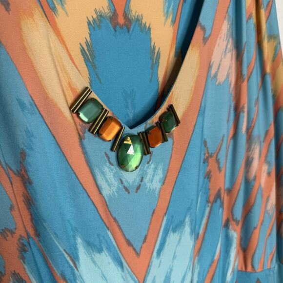 Ruby Rd Dress Womens 1X Blue Orange Sleeveless Maxi Jewel Neck Aztec Boho Print - Picture 2 of 6
